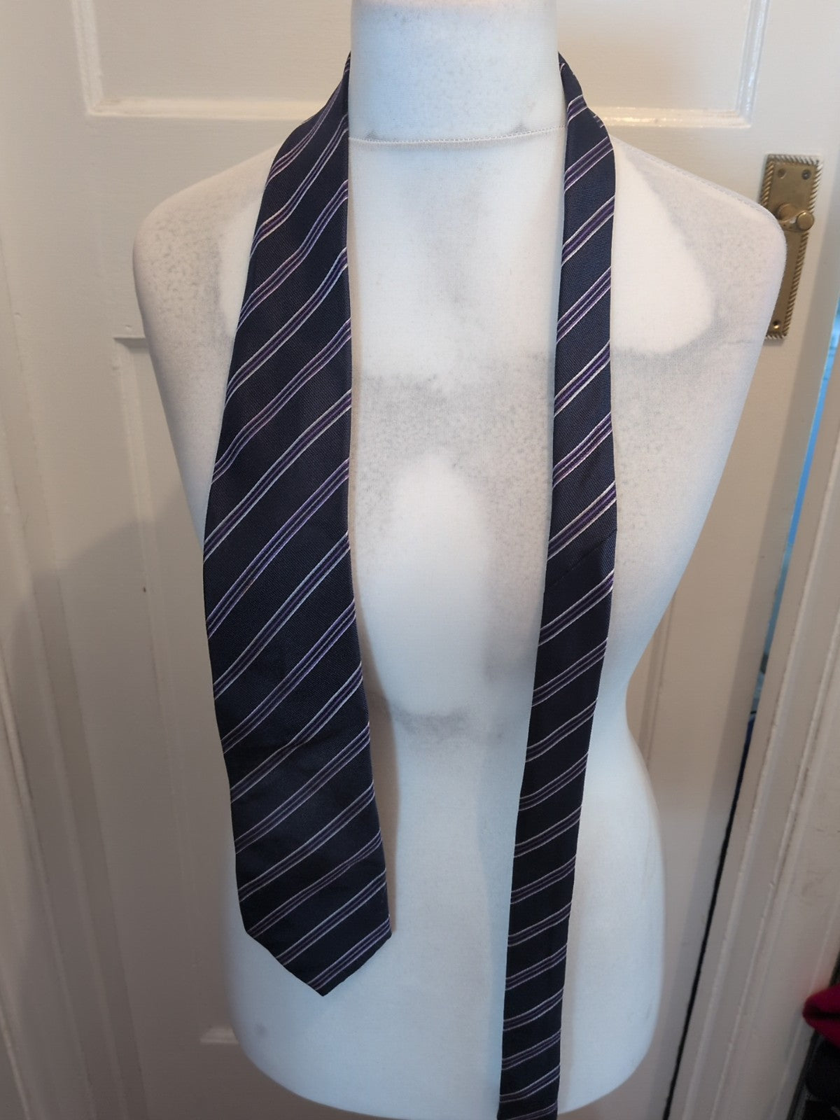 Marks And Spencer Navy Purple And White Stripey Tie