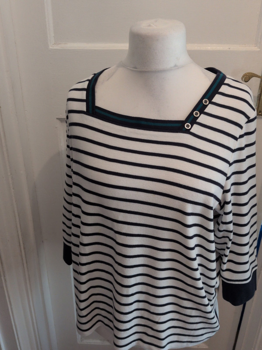 BM Casual Large Navy White 3/4 Sleeve Square Neck Top