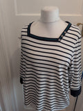 BM Casual Large Navy White 3/4 Sleeve Square Neck Top