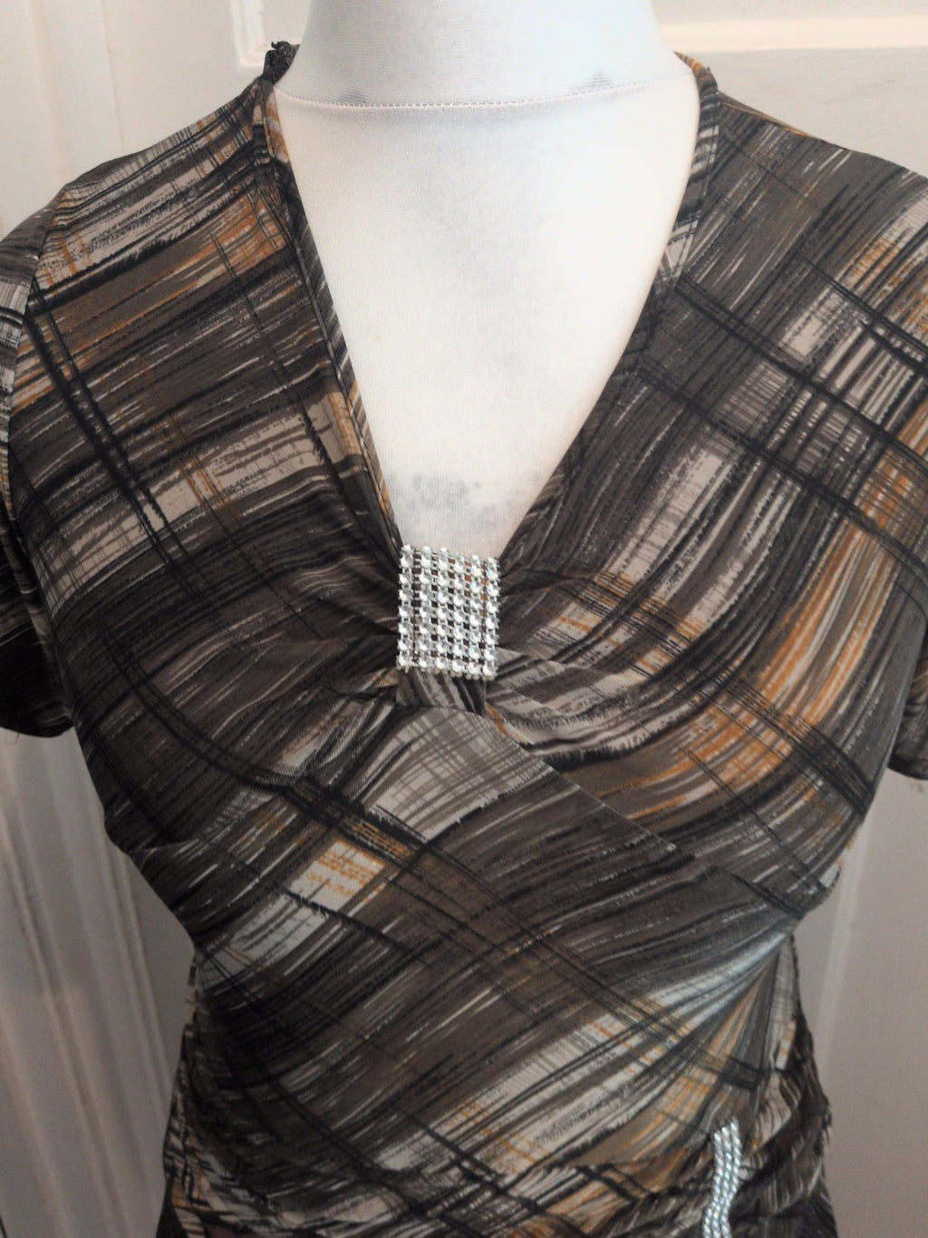 Medium Brown/Tan/Black Short Sleeve Fit And Flare Midi Dress