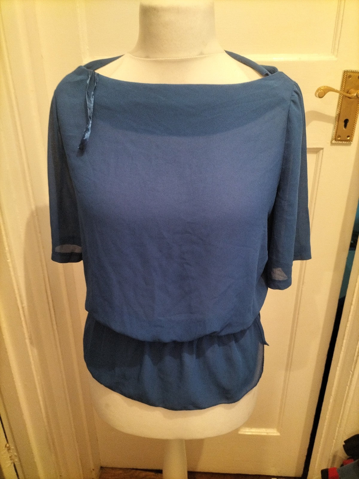 Papaya 10 Deep Blue Elasticated Hem Blouse Short Sleeve