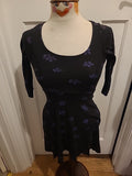 Ladies Primark Size 8 Black And Purple Mid Sleeved Floral Flare Dress