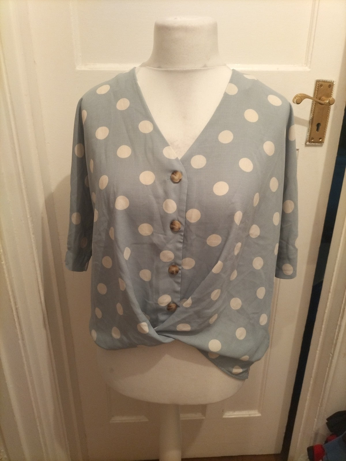 Primark 10 Blue And White Spotted Blouse Short Sleeve