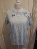 Ladies Avant Garde Size M/L Pale Blue Short Sleeved Floral Bow Blouse