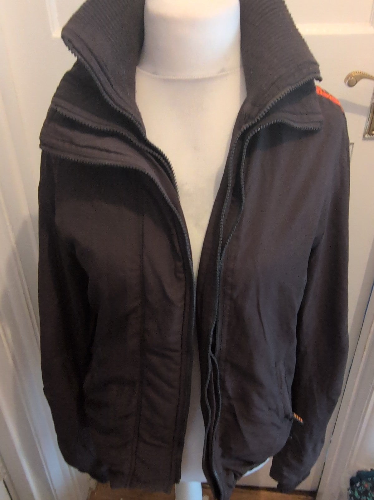Superdry Medium Double Black Label Full Zip Coat Mesh Lined Charcoal