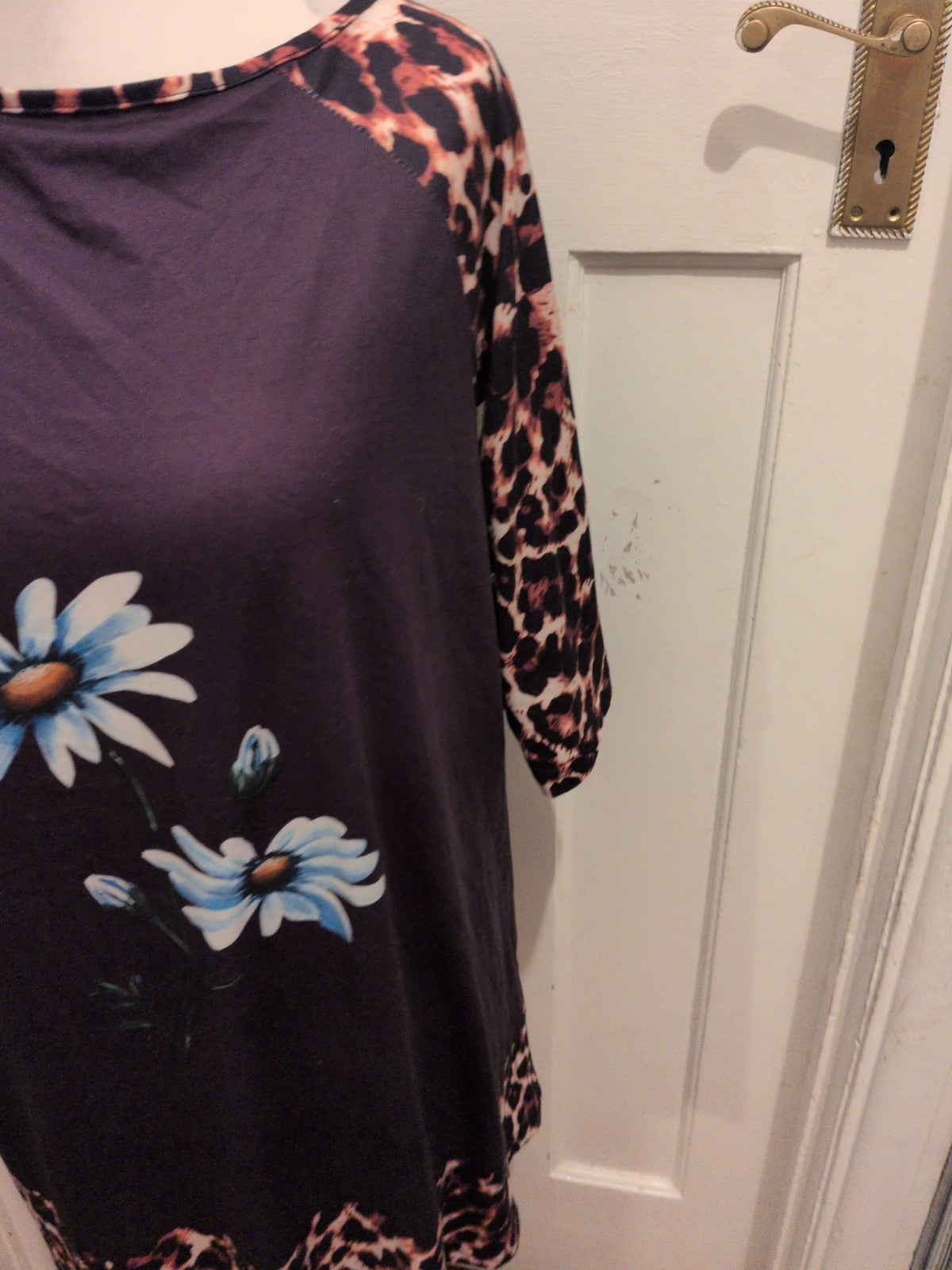 4XL Leopard Print Trim With Black Floral Short Sleeve T-shirt Blouse