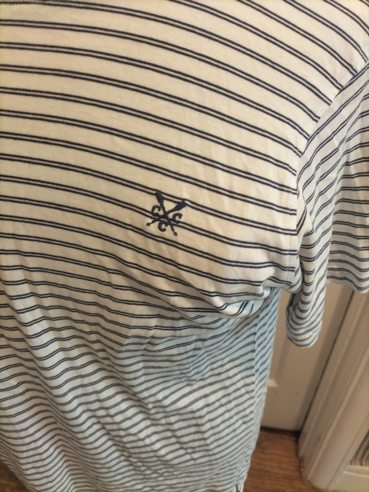 Ladies Crew Clothing Size Small Navy White Double Stripe Short Sleeved Tshirt