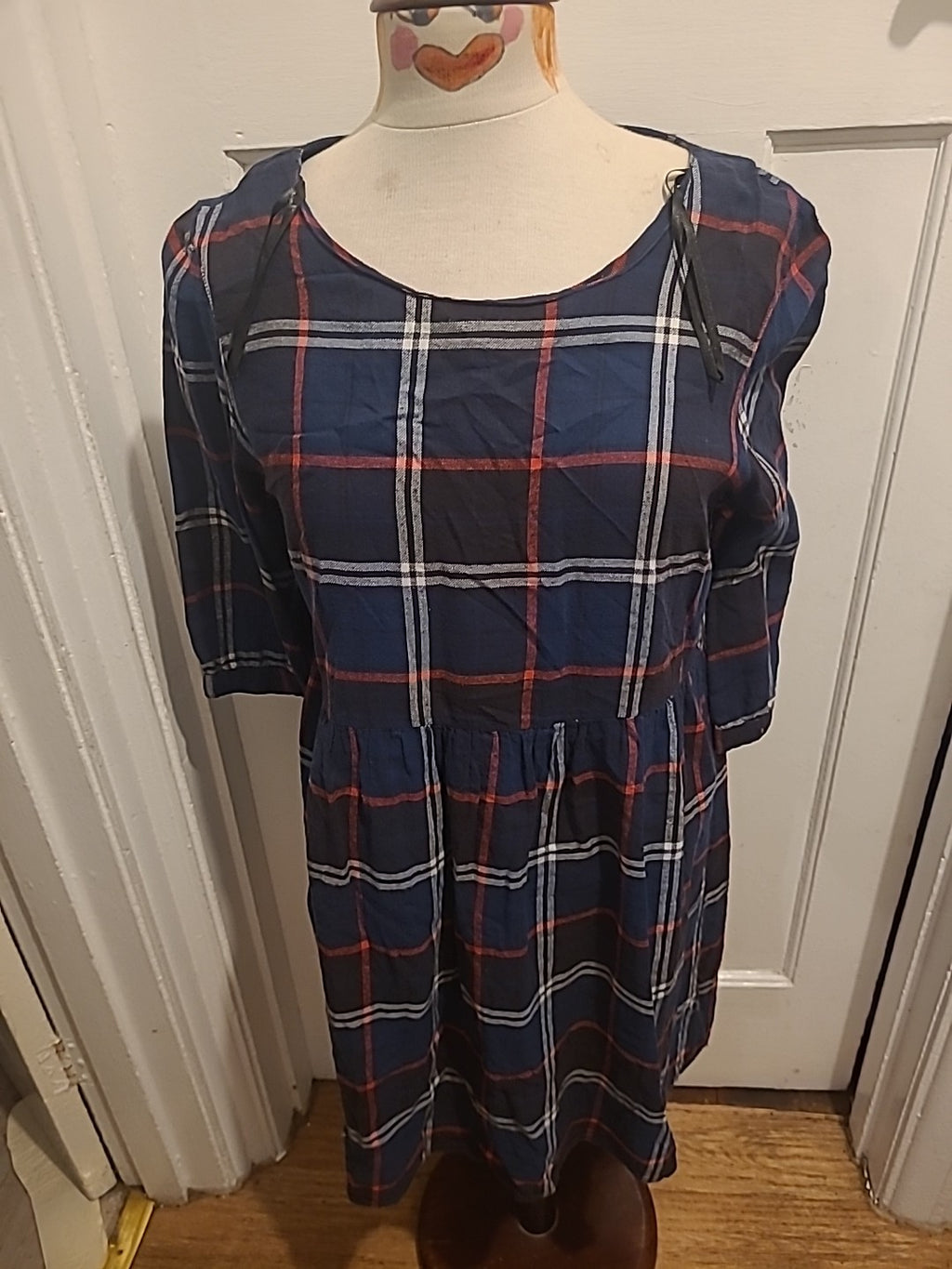 Ladies Primark Size 14 Navy Blue Red Check Mid Sleeved Flare Dress Immaculate