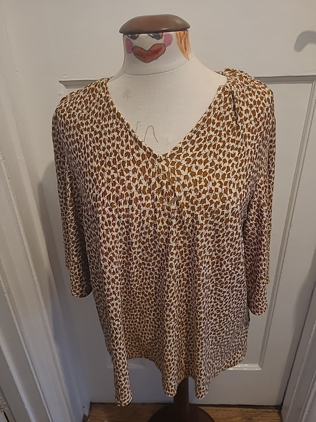 Ladies Next Size 14 Brown Cream Detailed Short Sleeved Blouse