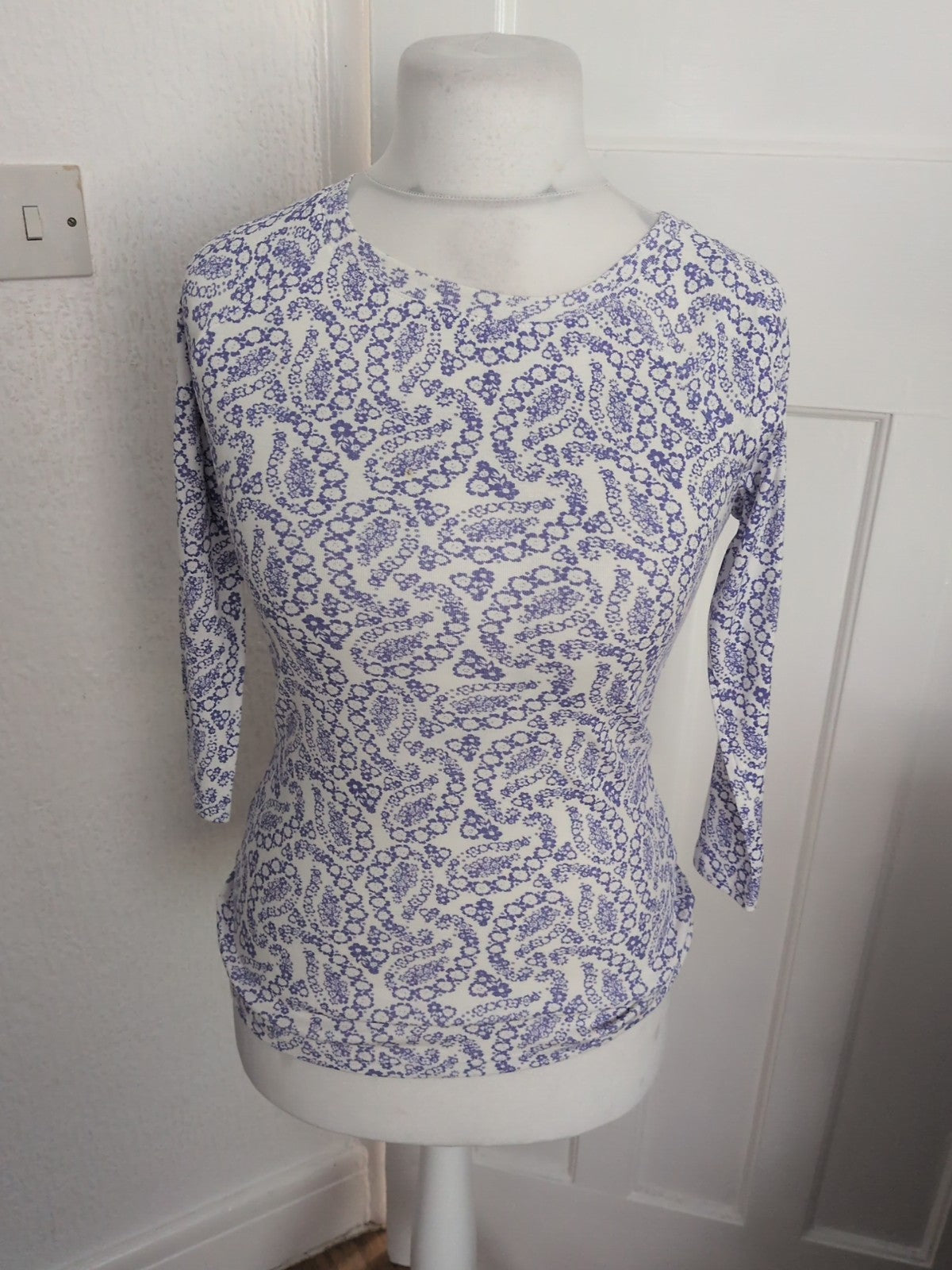 M&Co 10 Violet And White Pattern Long Sleeve Blouse(Mark On Front)