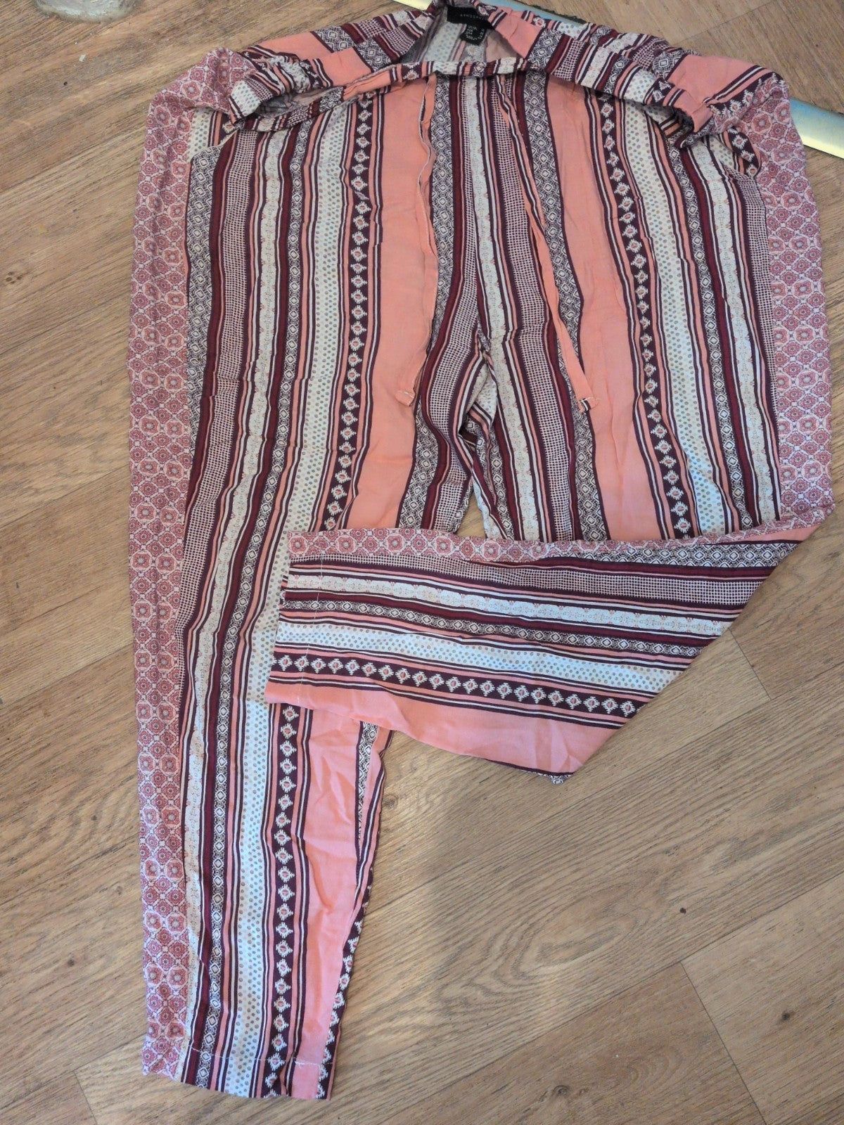 Primark 18 Peach Pink Purple Patterned Elasticated Trousers With Drawtsring