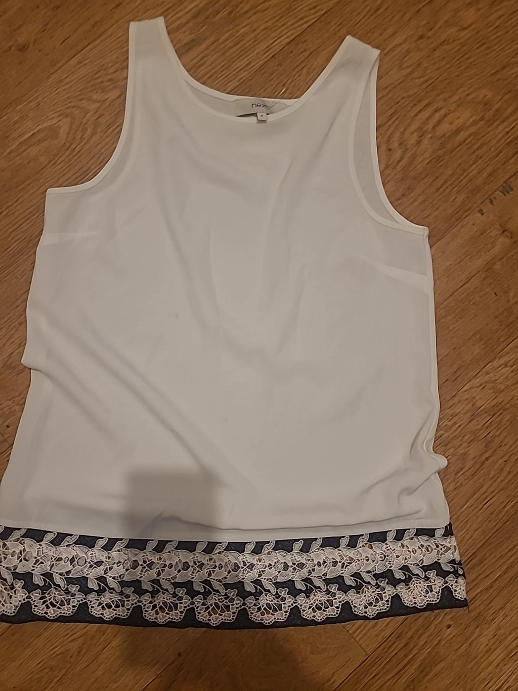 Ladies Next Size 8 White With Blue Embroidery Hem Sleeveless Blouse