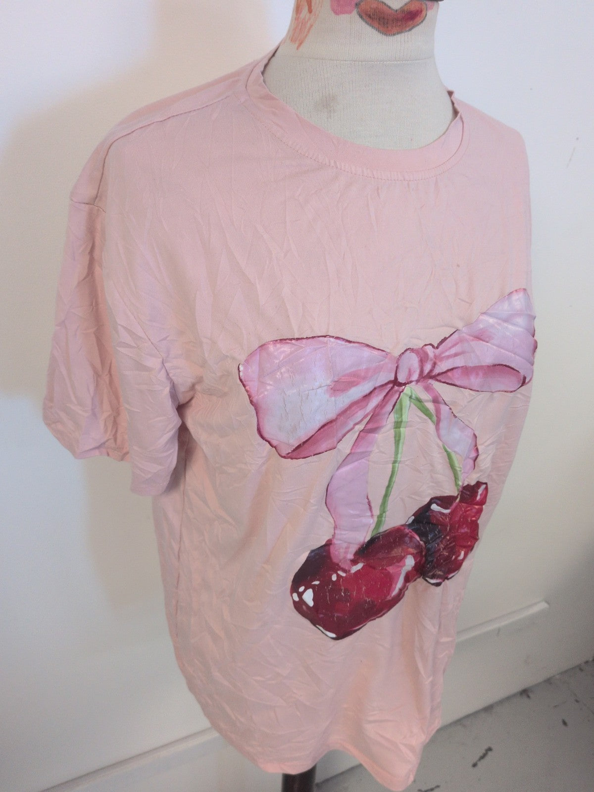 Girls Shein Age 14 Years Pink Cherry Bow Short Sleeve T-shirt Cracking