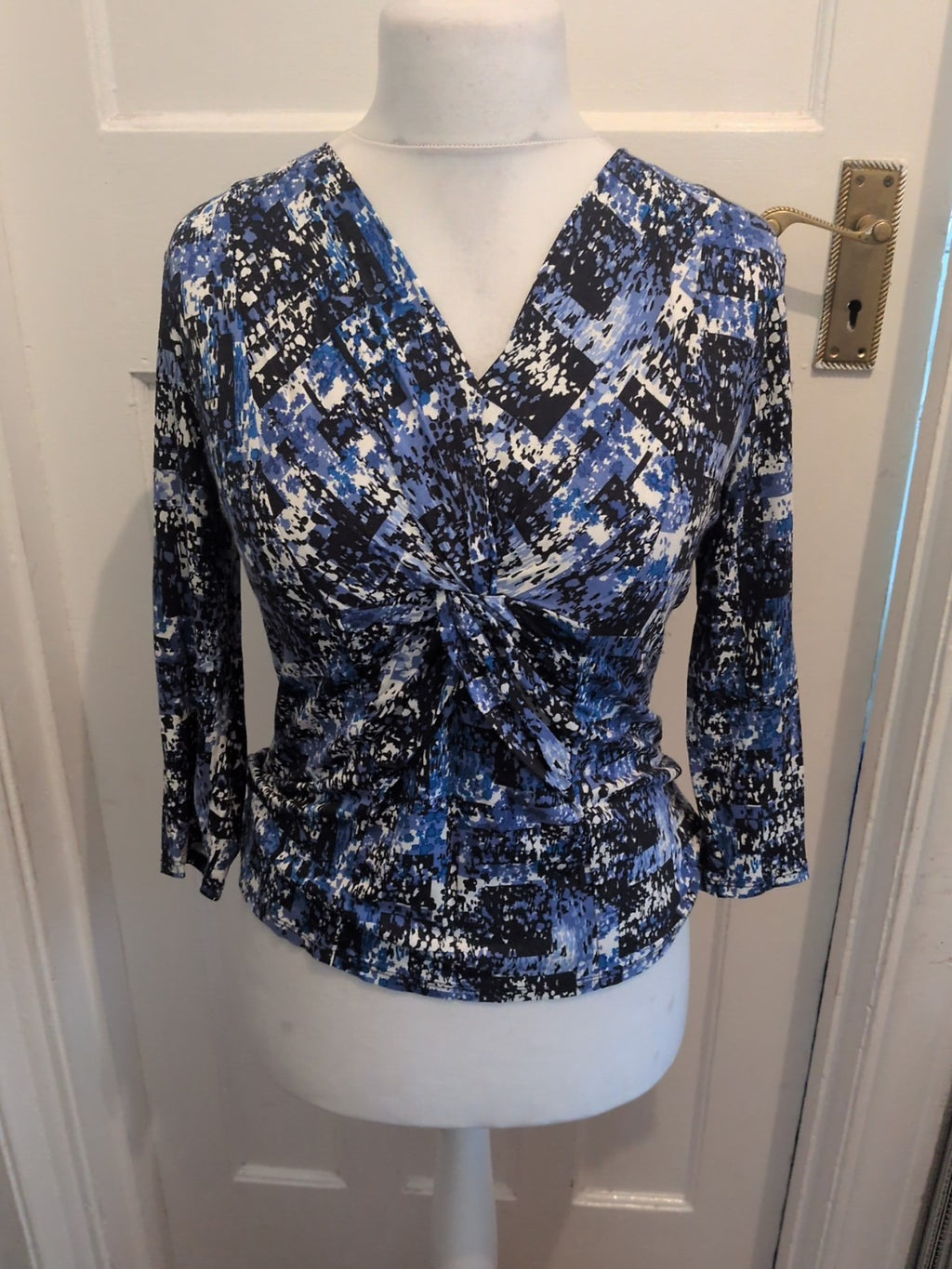 Cc Petite Small Blue Black White Long Sleeve Blouse