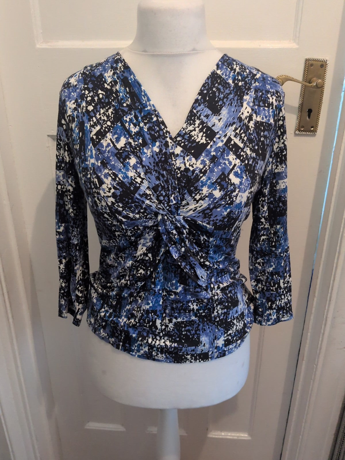 Cc Petite Small Blue Black White Long Sleeve Blouse