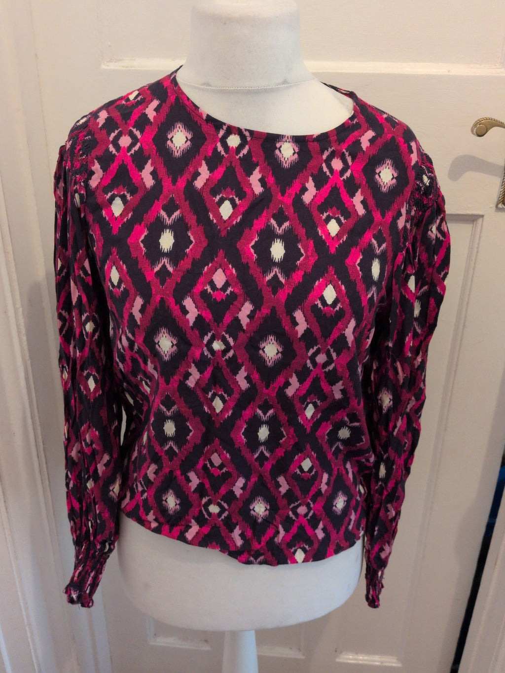 Tu 12 Purple Pink And Navy Long Sleeve Diamond Patterned Blouse