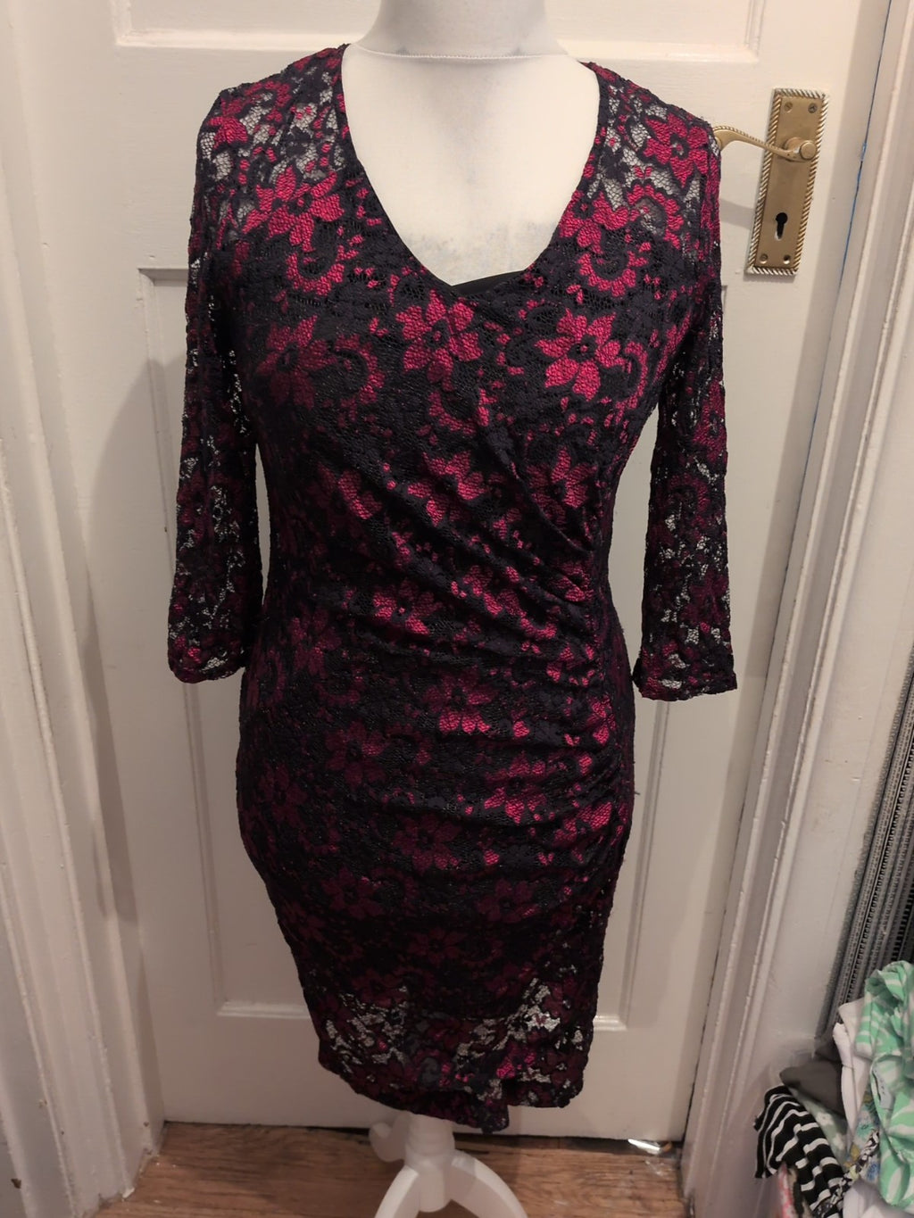 Roman 14 Cerise And Black Lace 3/4 Sleeve Dress