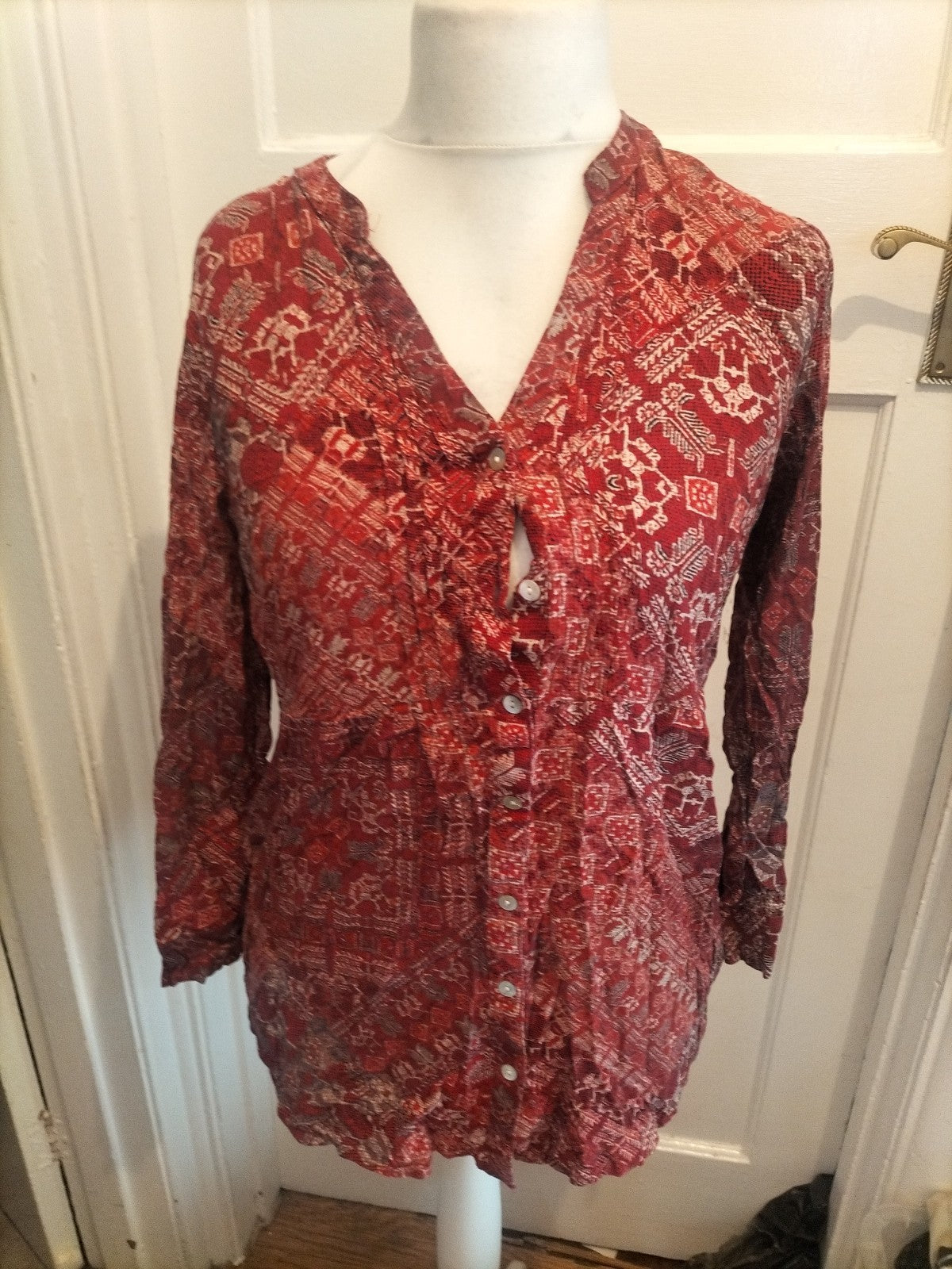 Bonmarche 14 Red And Beige Patterned Long Sleeve Blouse