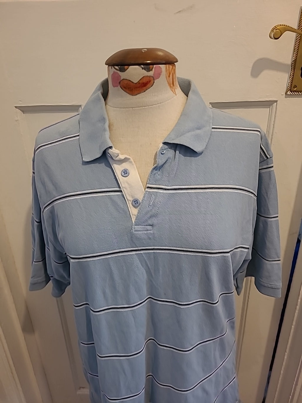 Mens PNG Size Large Pale Blue White Striped Polo(1 Small Mark On Front)
