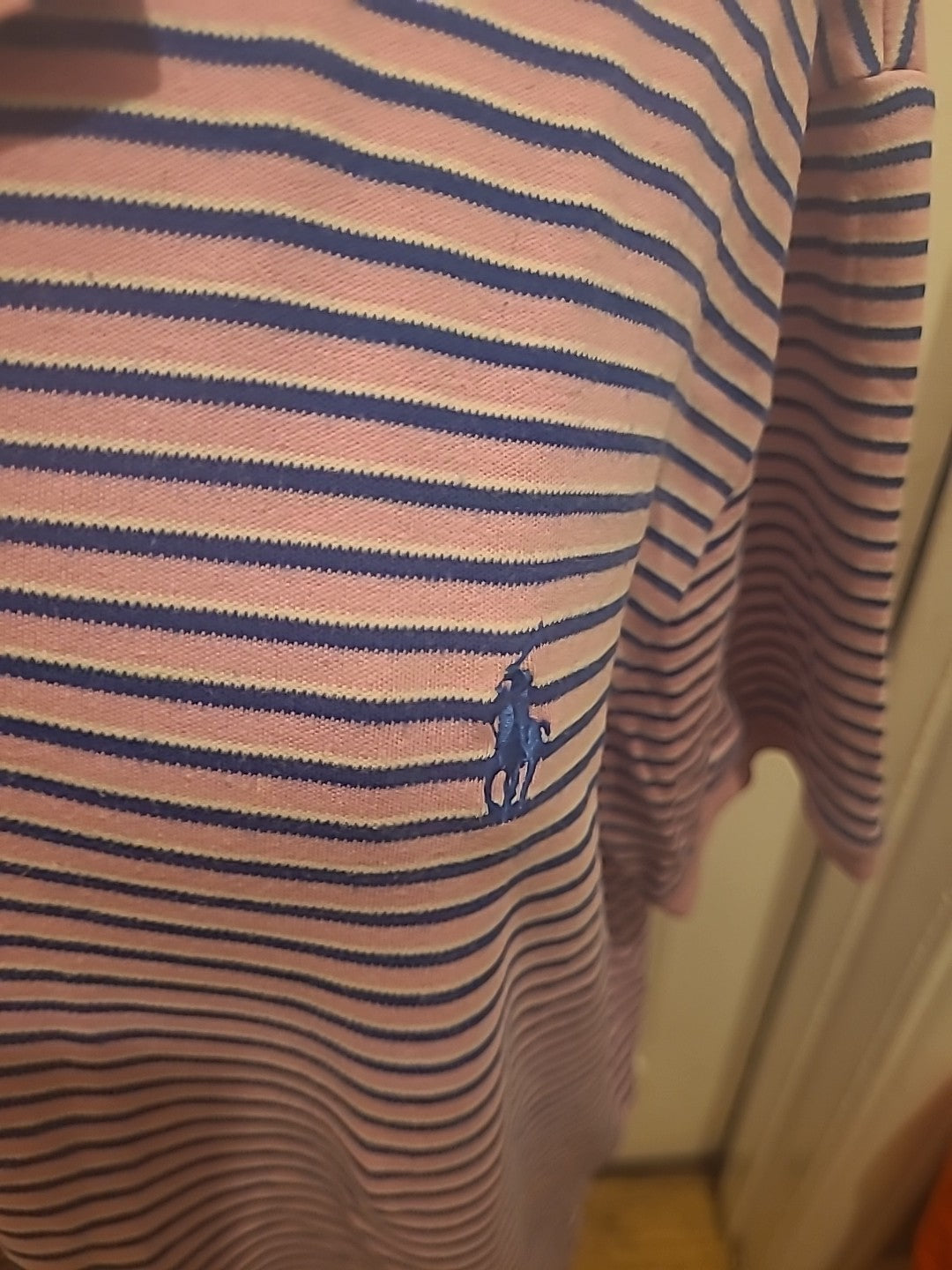 Mens Ralph Lauren Size Large Pink Navy Striped Short Sleeved Polo Shirt