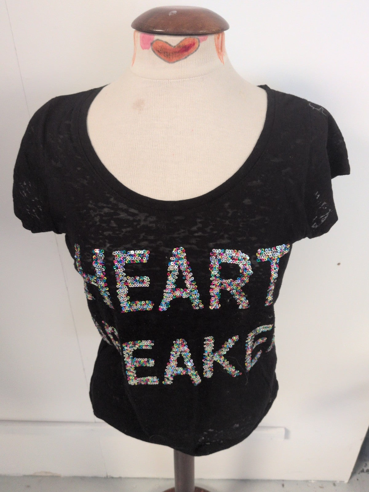 Primark 12 Black With Multicoloured Sequins "Heartbreaker" T-shirt Short Sleeve