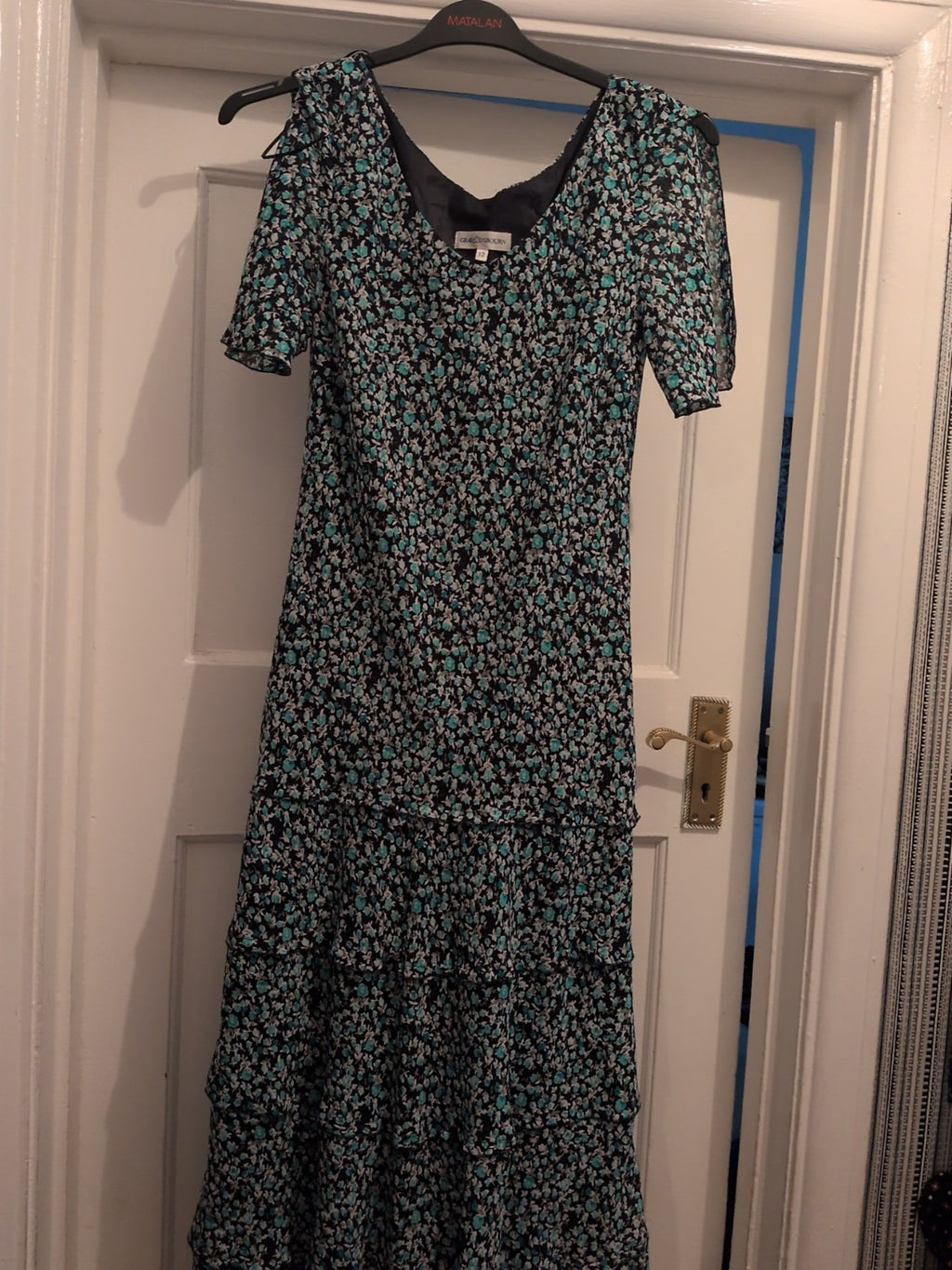 Gray & Osbourne 12 Blue Navy Lined Short Sleeve Long Length Dress