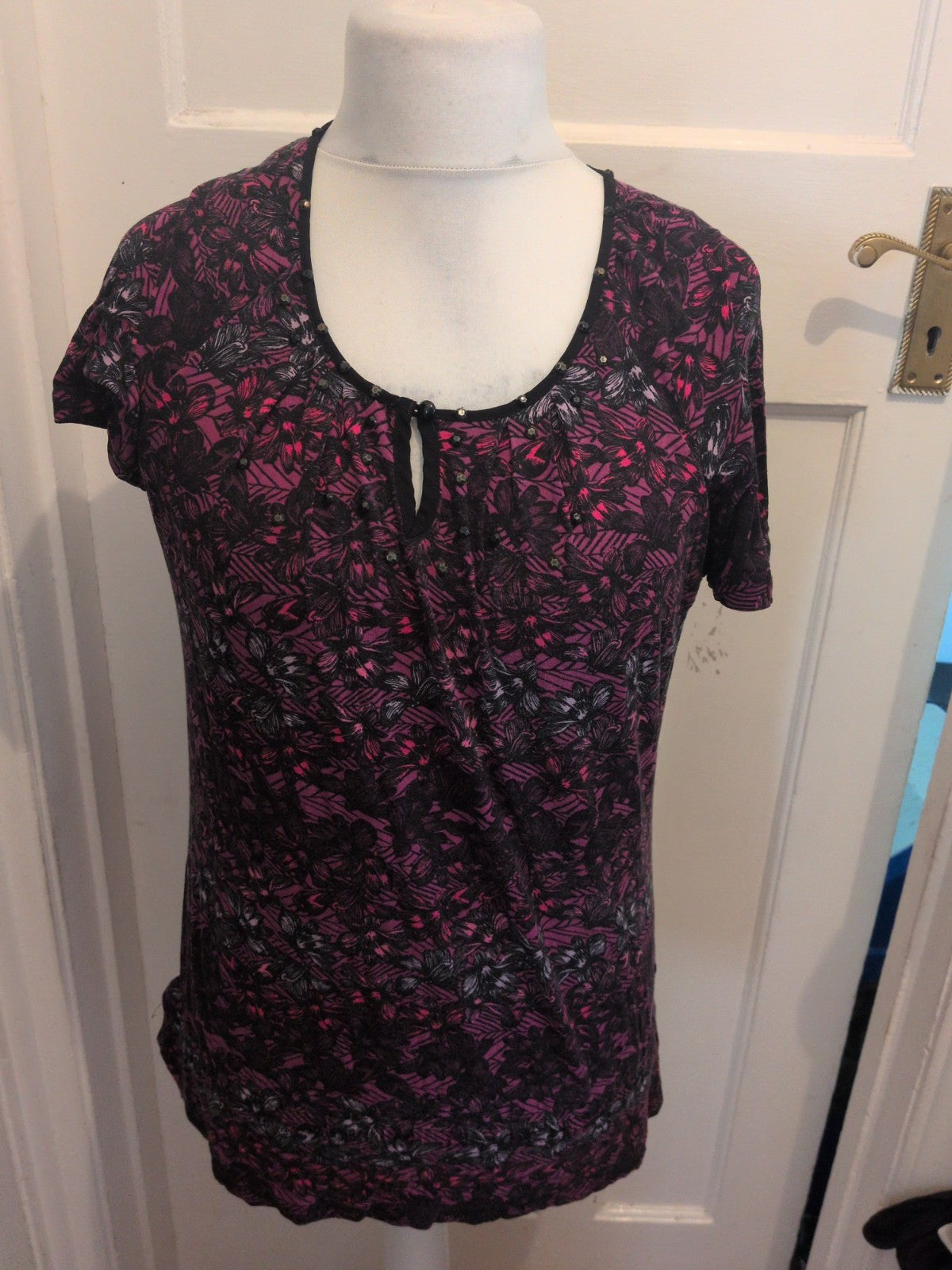 Ladies Per Una Size 12 Black And Purple With Studs On The Neck Line Short Sleeve