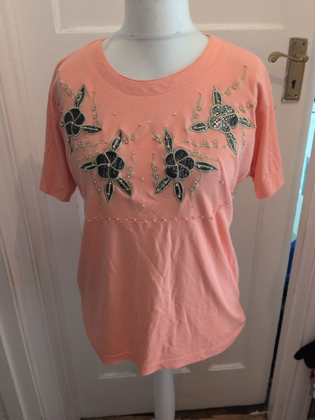 Frank Saul Free Size Pink Patterned Short Sleeve Blouse
