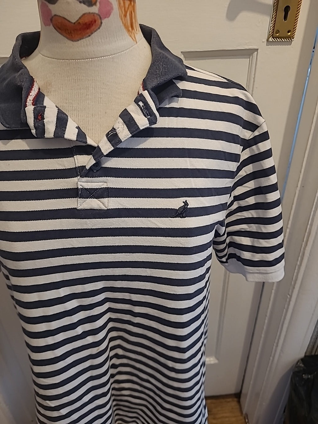 Mens Kangol Size XL Navy White Striped Short Sleeved Polo