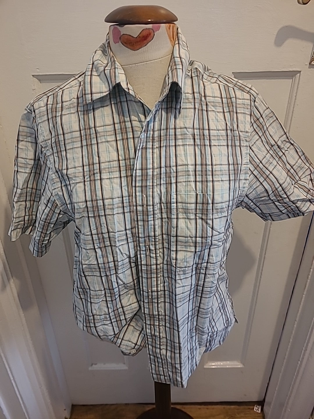 Mens Easy Size S Pale Blue White Navy Check Short Sleeved Shirt