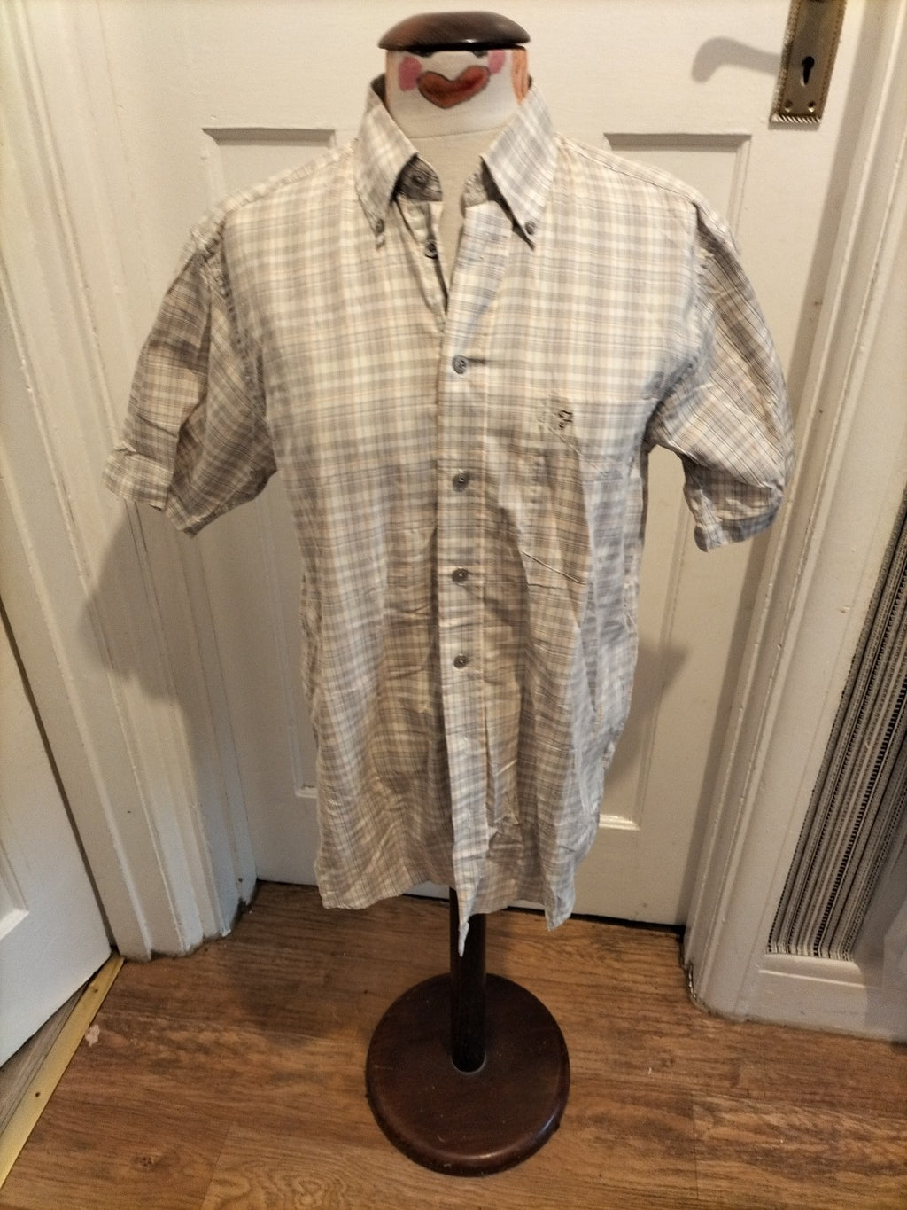 Mens Farah Size Small Beige Check Short Sleeved Shirt