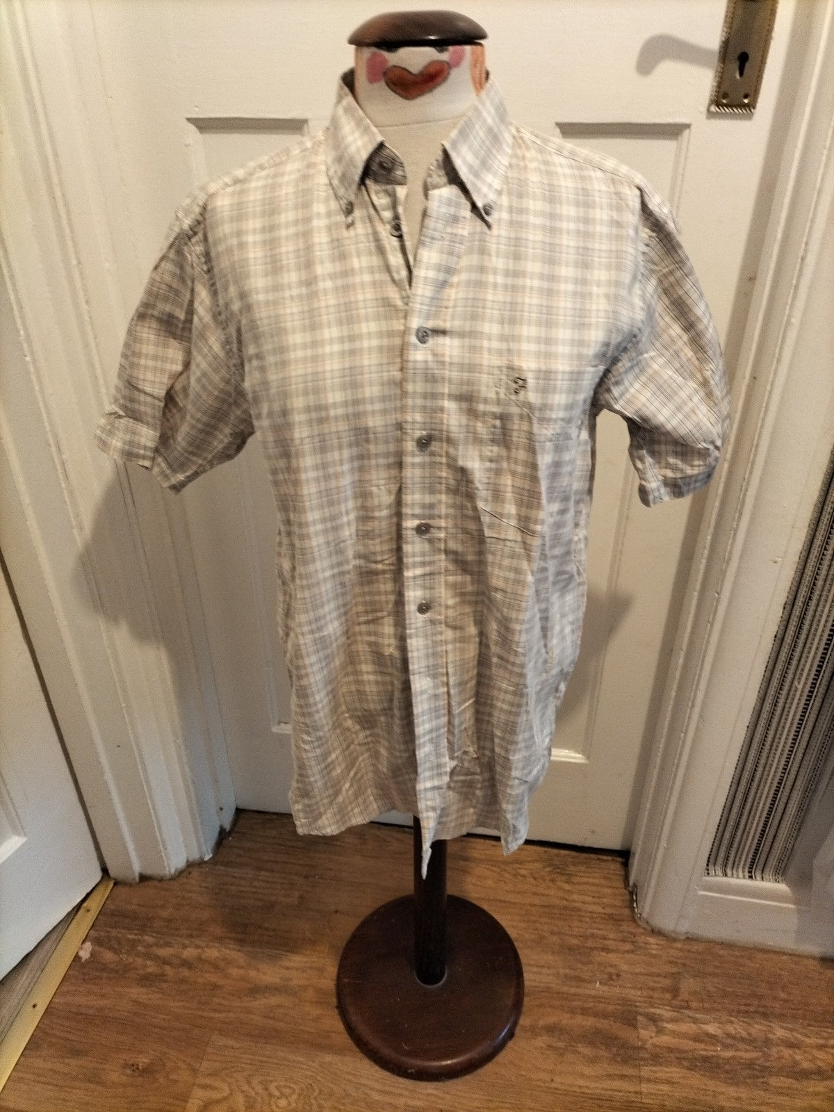 Mens Farah Size Small Beige Check Short Sleeved Shirt