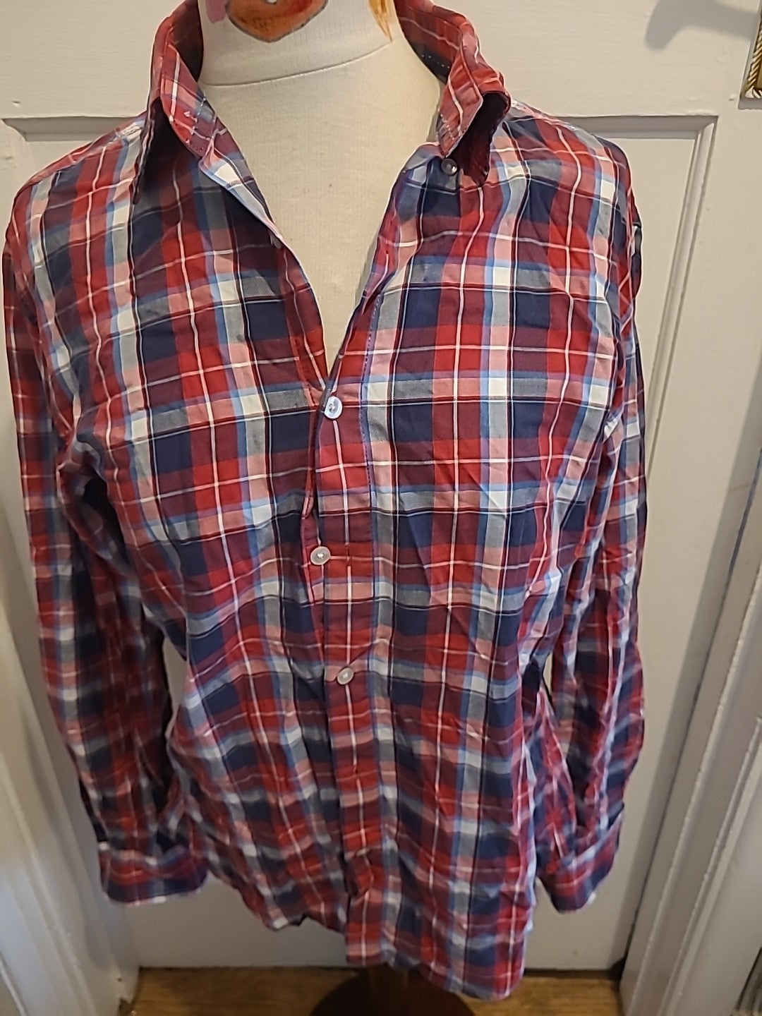 Mens Jack & Jones Size Small Red Navy Check Long Sleeve Shirt