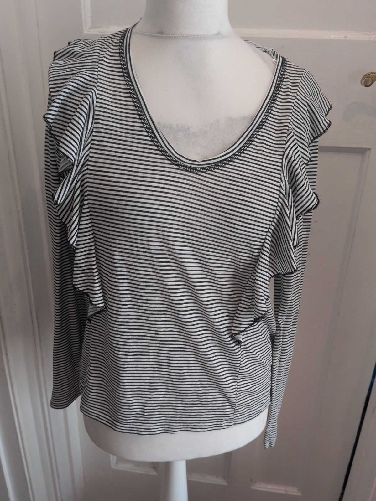 Next 12 Black Stripe Long Sleeve Frill/Pleat Shoulder Blouse
