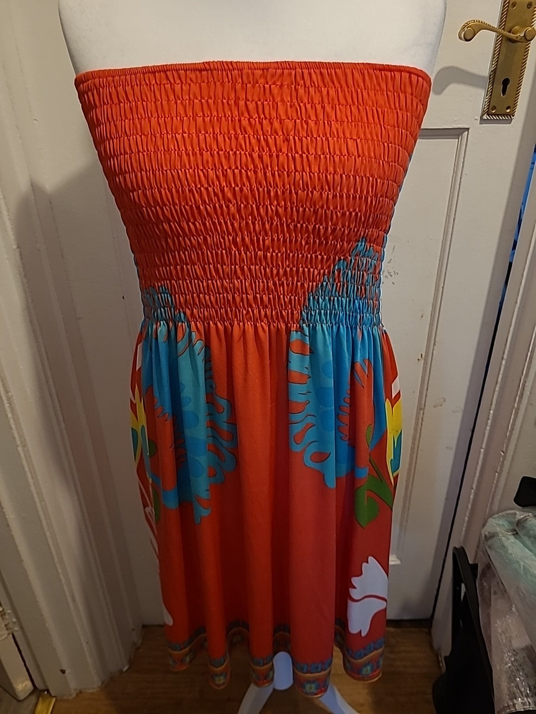 Ladies Size Medium Red Multi Color Sleeveless Elasticated Dress