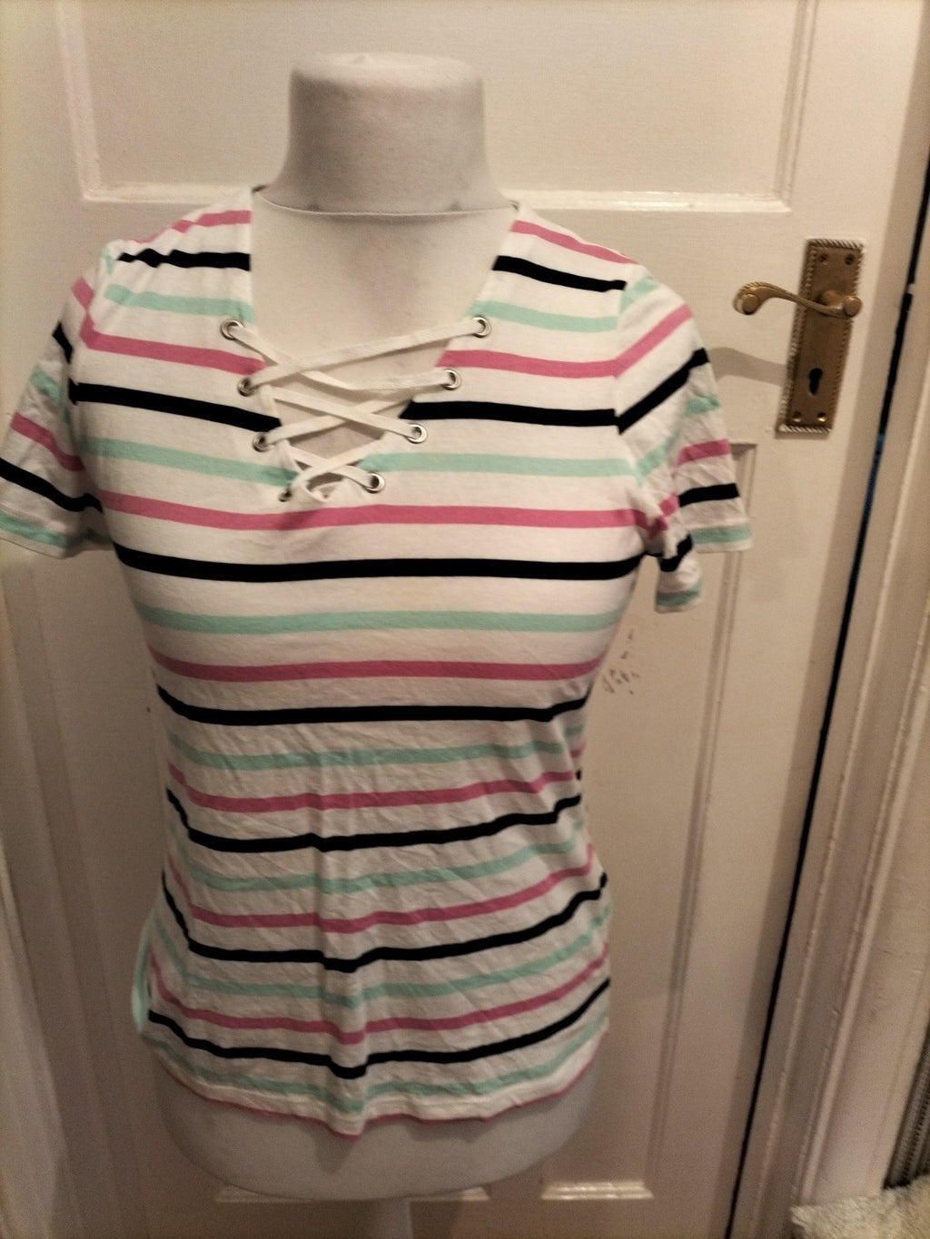 Bonmarche 12 Multi Stripe Short Sleeved V Neck T-shirt