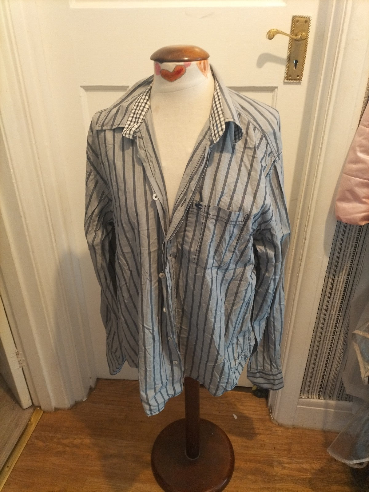 Mens Camel Active Size XL Grey/Navy Striped Modern Fit Long Sleeved Shirt