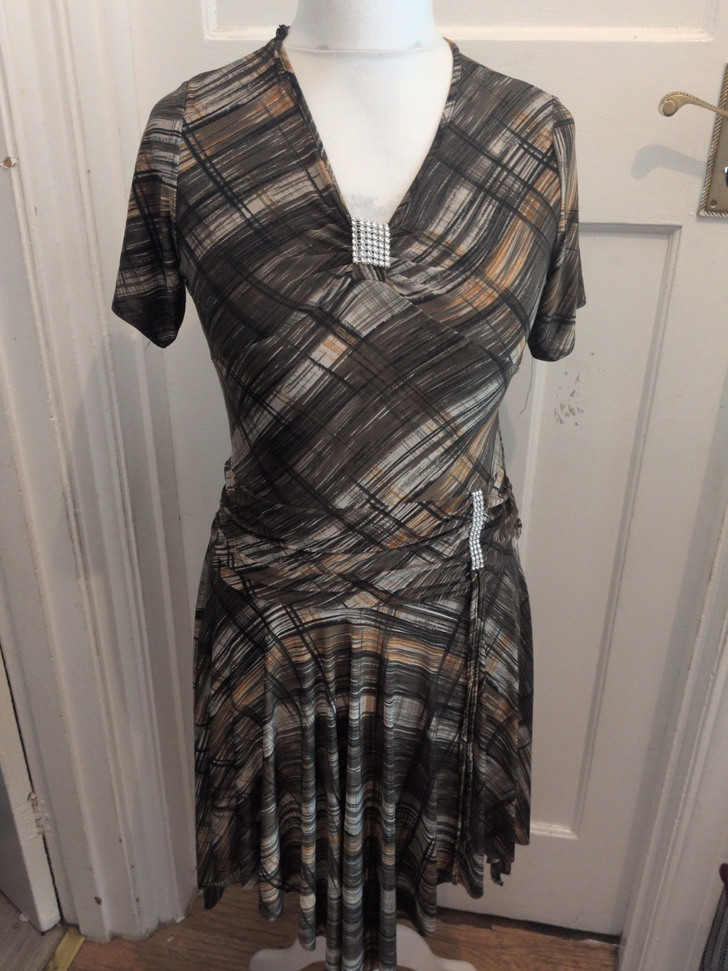 Medium Brown/Tan/Black Short Sleeve Fit And Flare Midi Dress