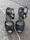 Ladies Heeled Open Toe Shoes FAITH black/ Silver Shimmer Size 6 FREE DELIVERY