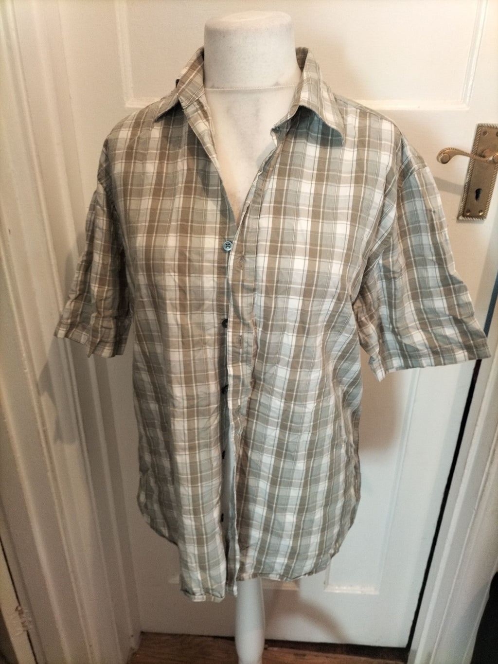 Mens Next Size L Khaki And Grey/White Short Sleeved Shirt