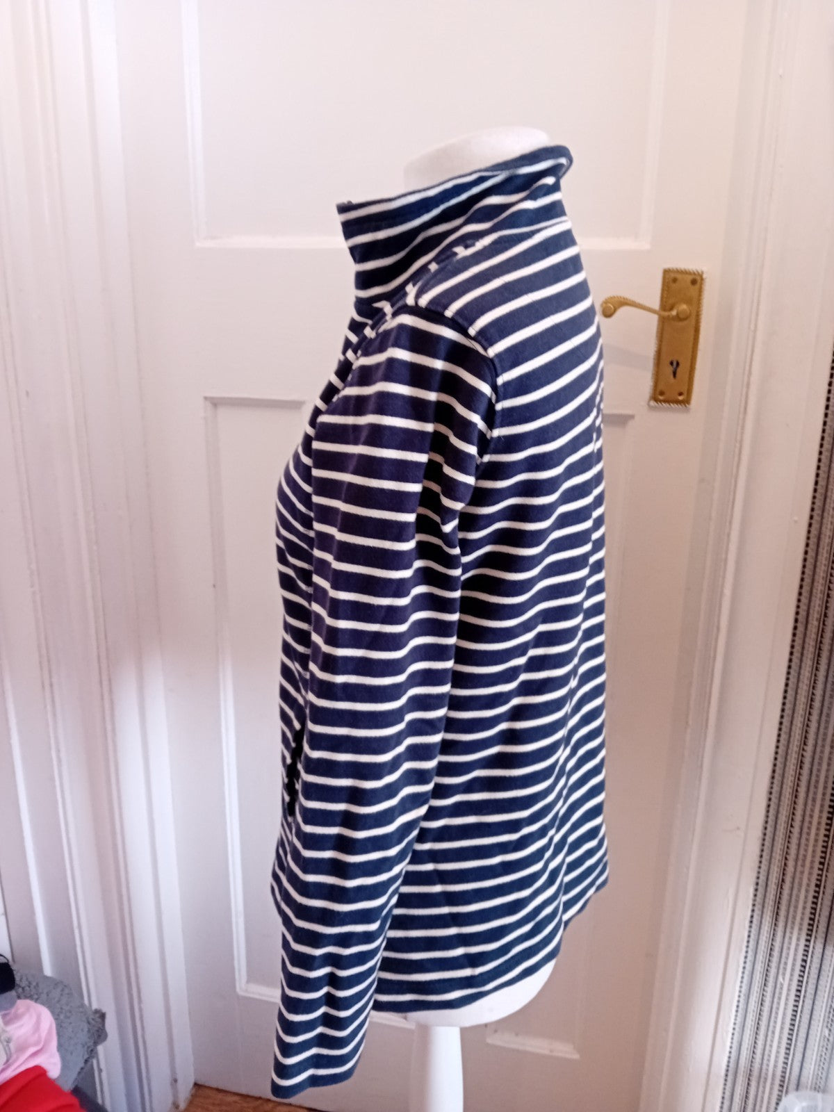 Ladies M&Co Size 12 Blue And White Striped Long Sleeve Small Zip Jumper