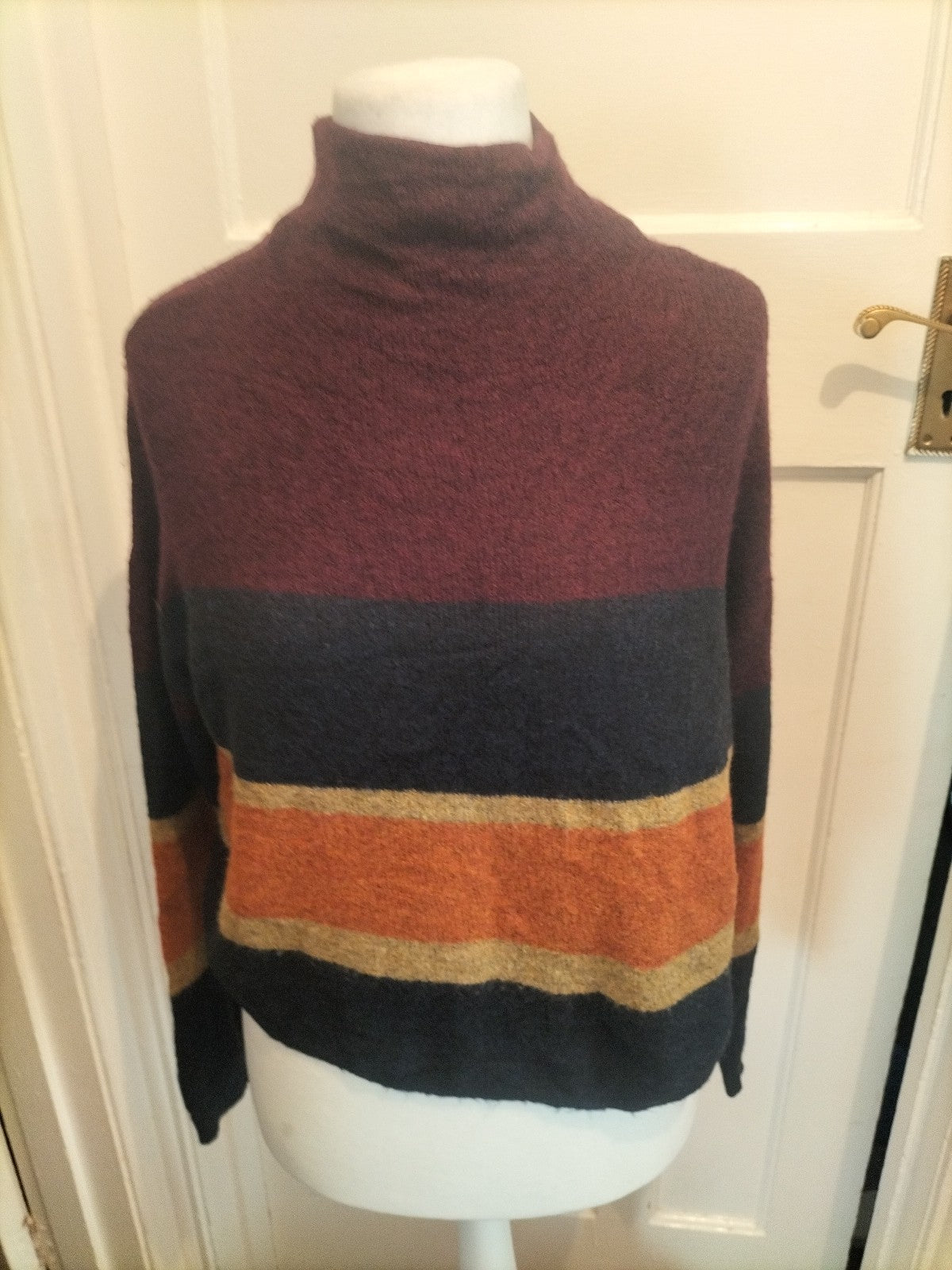 Ladies New Look Size Small Orange Navy Striped Long Sleeve Jumper