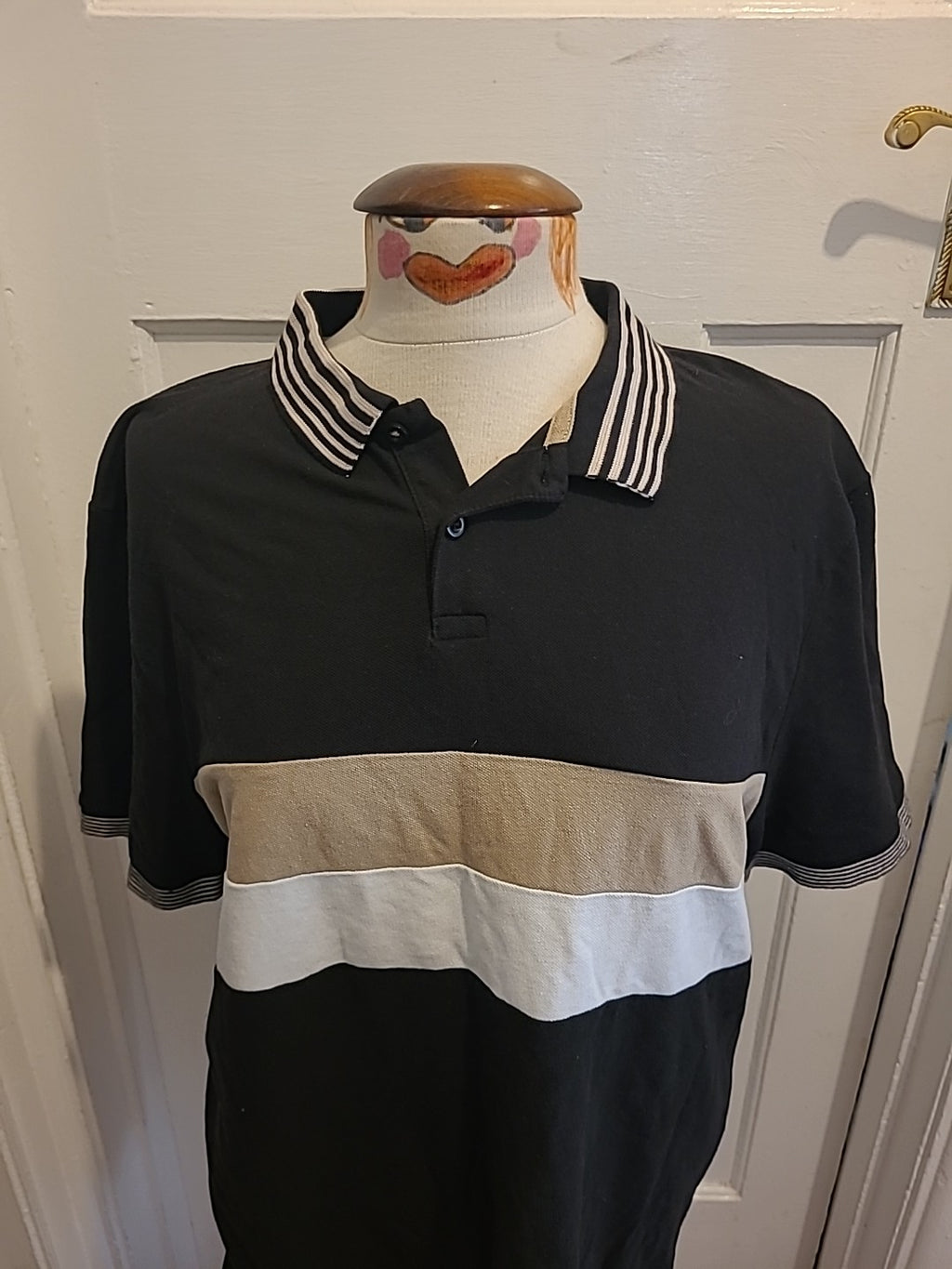 Mens Primark Size Medium Black/Beige Striped Polo