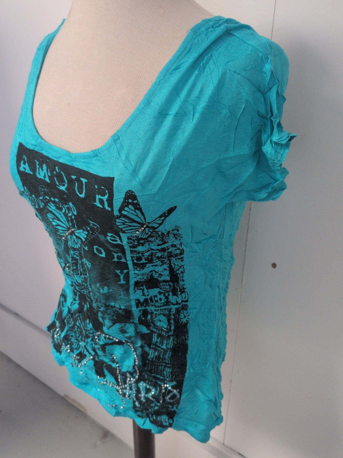 Ladies New Look Size 12 Turquoise Printed Short Sleeve T-shirt