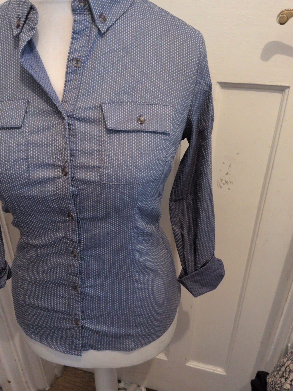 Ladies Next 8 Blue And White Long Sleeve Shirt Collared