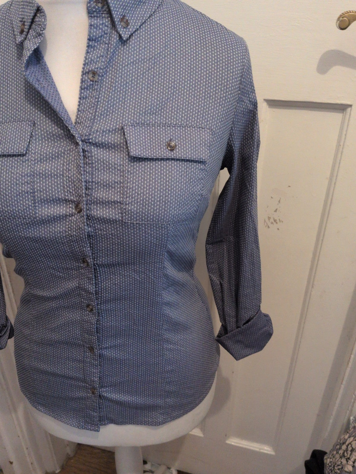 Ladies Next 8 Blue And White Long Sleeve Shirt Collared