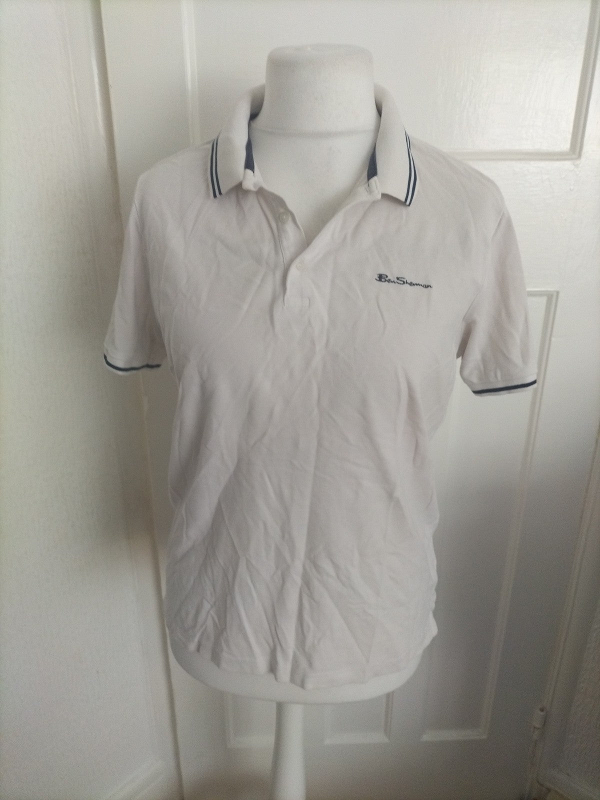 Mens Ben Sherman Size M White With Navy Trim Short Sleeved Polo