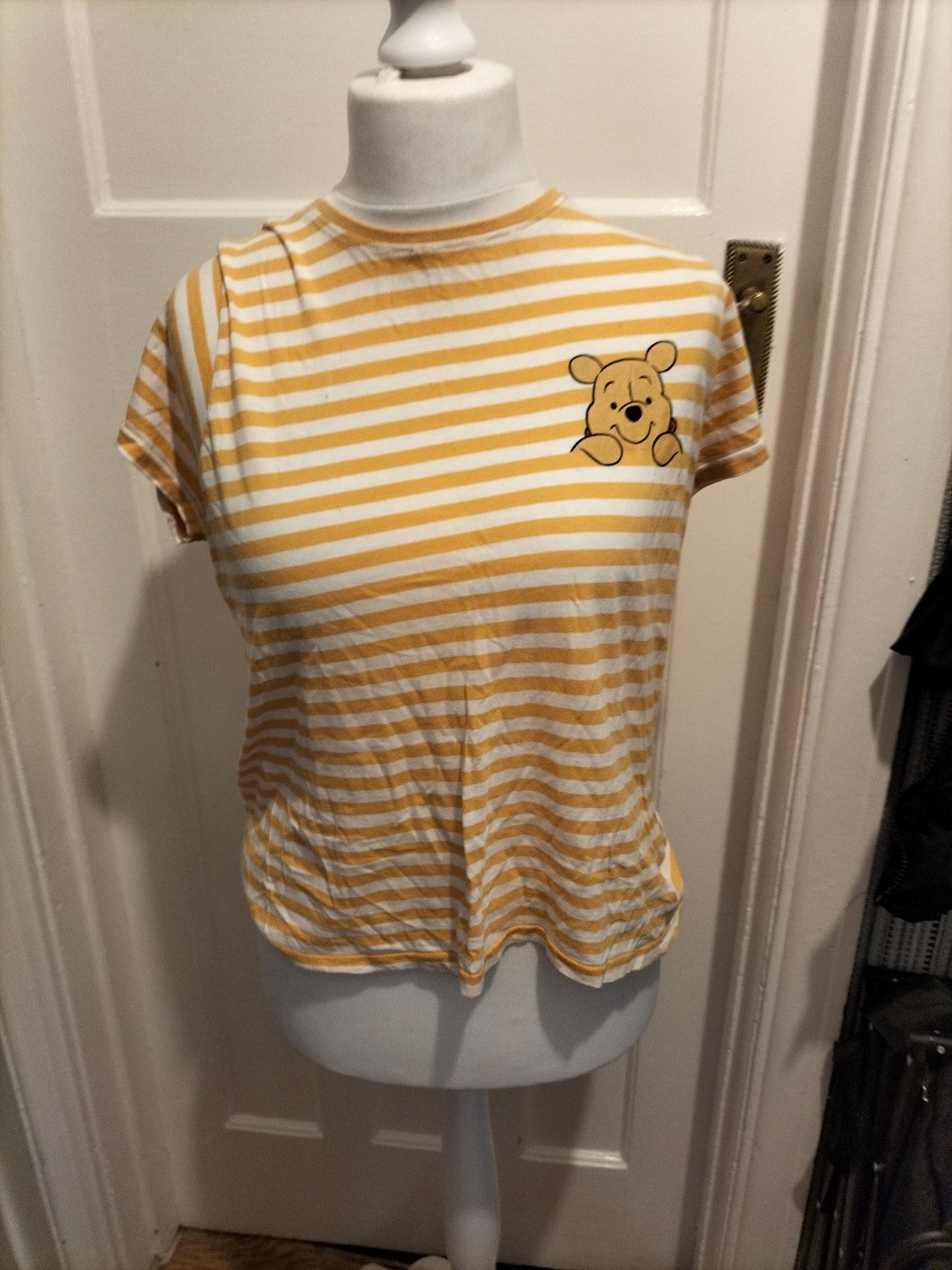 Ladies Primark Disney 12-14 Yello Striped Winnie The Pooh Pyjama Top