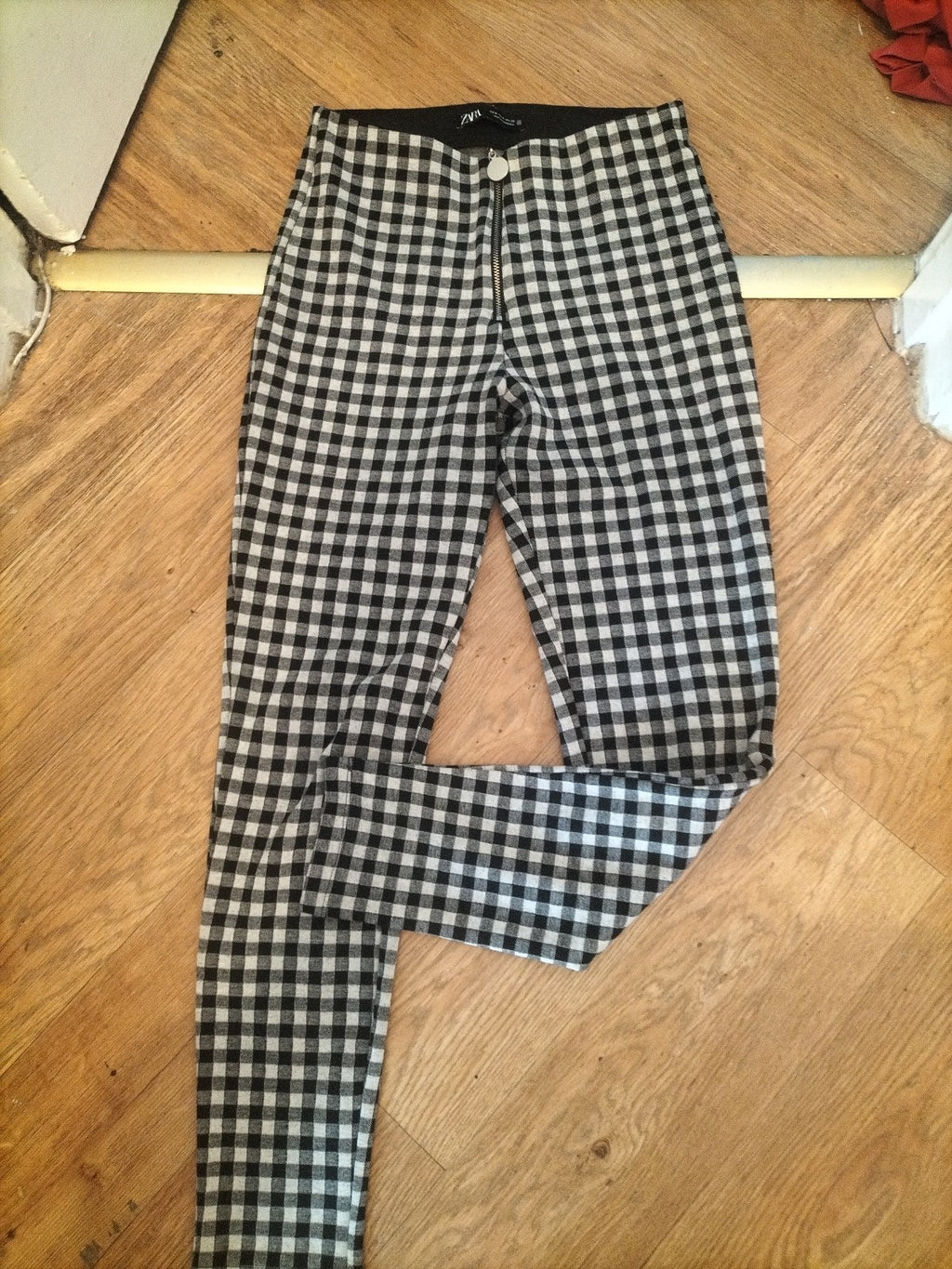 Zara Medium Check Front Zip Pull Up Trousers