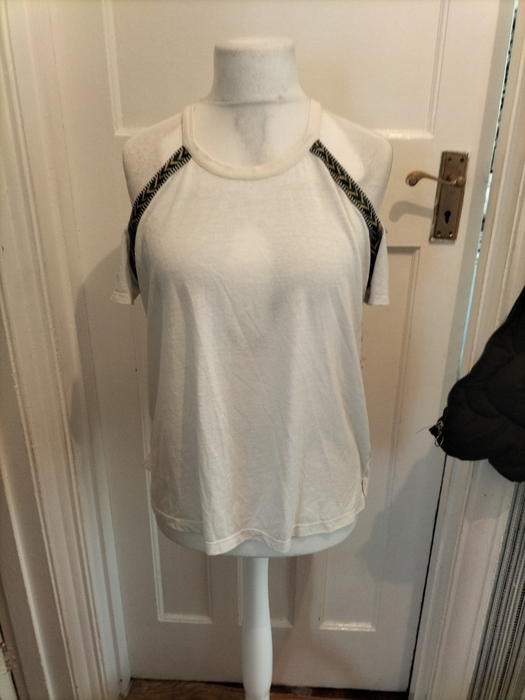 Ladies Size Large White Green And Yellow Sleeveless Cowl Neck Top